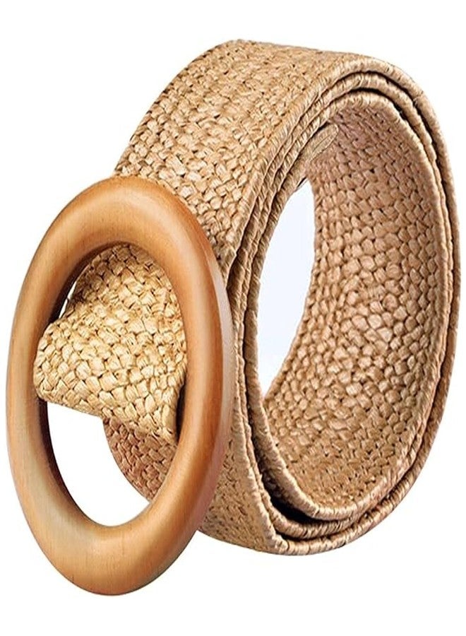 Suny Smiling Boho Braided Belt Women, Womens Braided Belts, Wide Stretch Straw Woven Waist Belt with Round Buckle, Rattan Elastic Bohemian Waistband for Dresses, Jeans, Pants, Vacation Events - Image 1